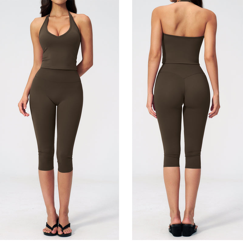 Women's dark racerback sports vest and capri leggings set