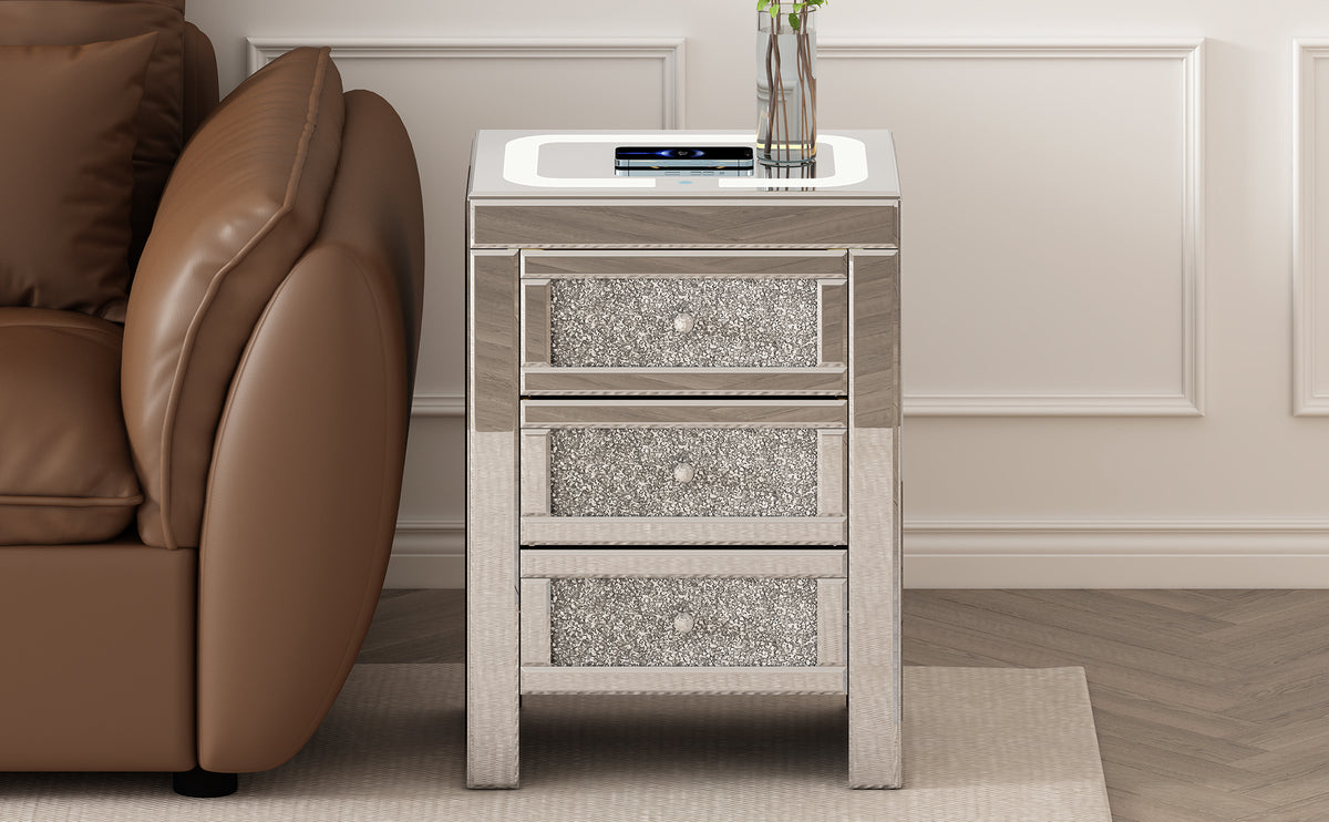 Silver mirror-style coffee table with three glitter drawers and built-in charging tray