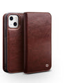 Brown leather flip phone case, closed, with front cover and camera cutout
