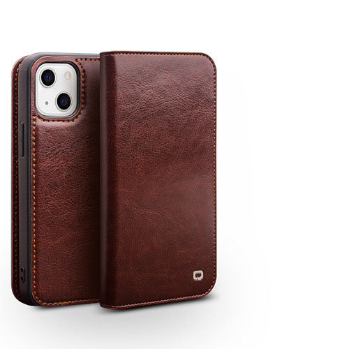 Brown leather flip phone case, closed, with front cover and camera cutout
