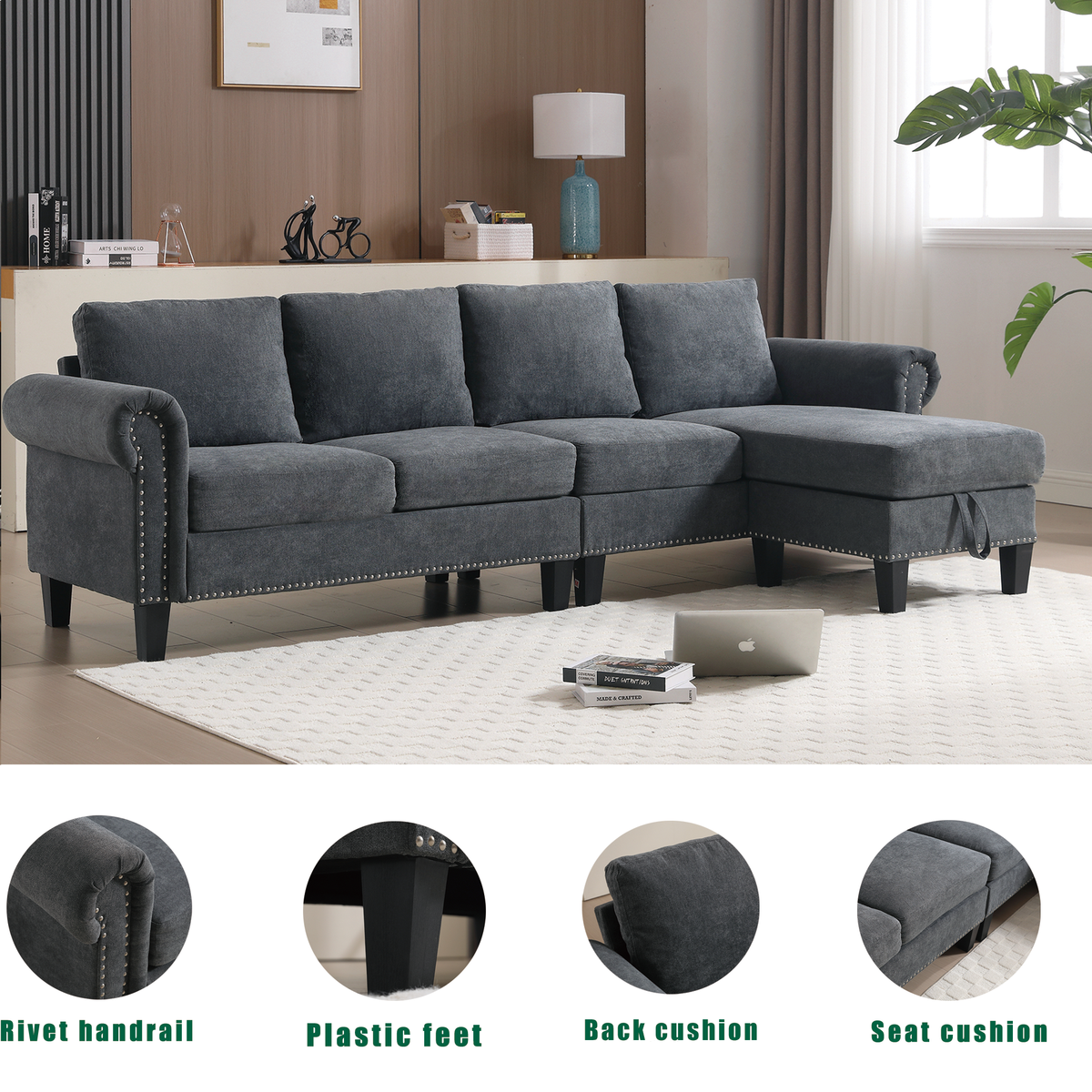 Gray sectional sofa with back cushions and tufted arm side accents