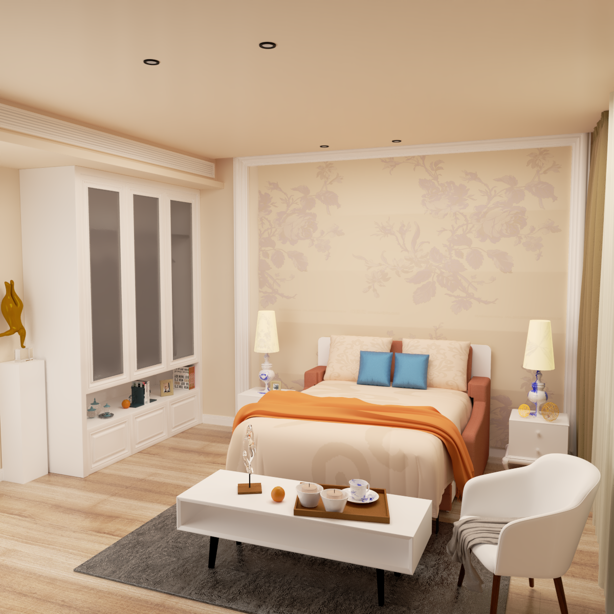 Upholstered bed with white linens, blue pillows, and orange throw; bedside lamps