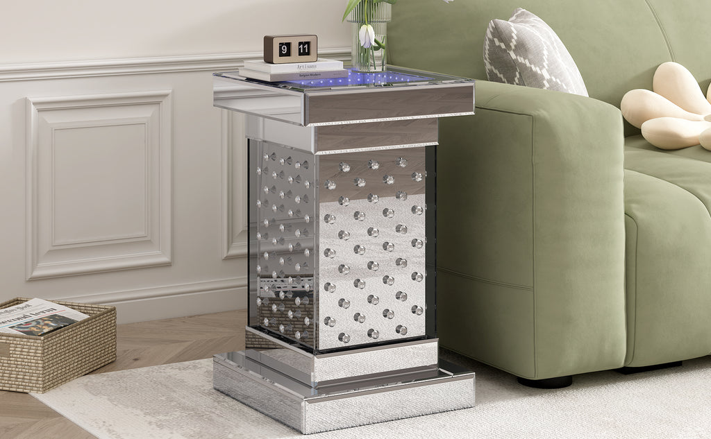 Silver mirrored side table with crystal-studded panels, clear glass top, chrome base.
