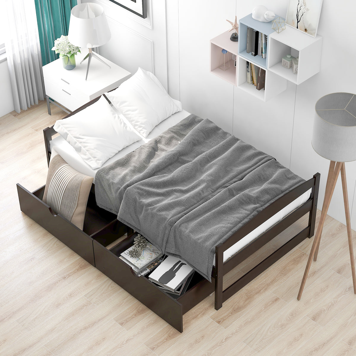 Espresso twin platform bed with two drawers, full bed frame shown from the side