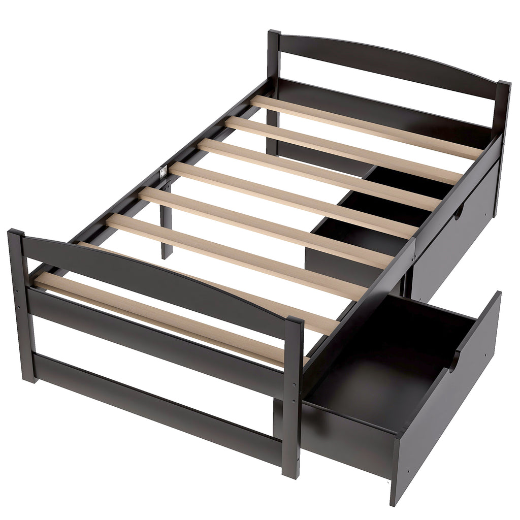 Twin platform bed with two drawers, espresso frame, open side drawer compartment
