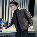 Men's black leather stand-collar jacket with front zipper and angled side pocket