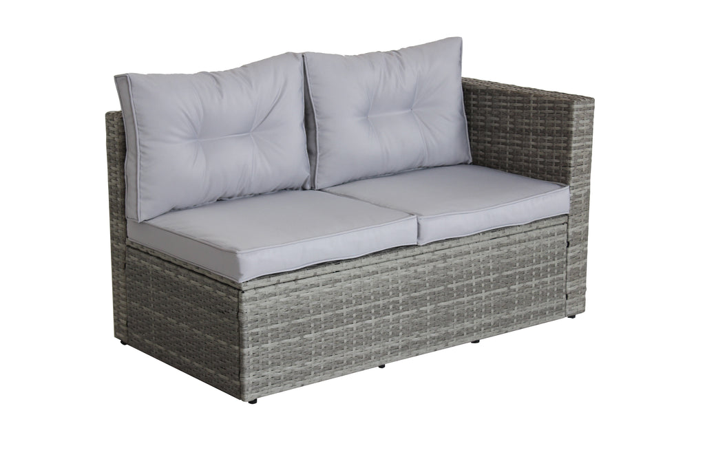 Grey wicker 2-seat patio loveseat with light gray tufted cushions and padded seat