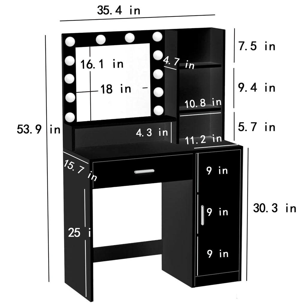 Black makeup vanity desk with lighted mirror dimension diagram with labeled measurements