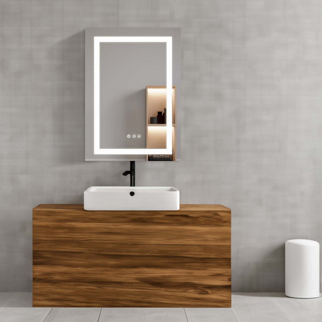 Wall-mounted LED mirror medicine cabinet with anti-fog glass, lit border, single door