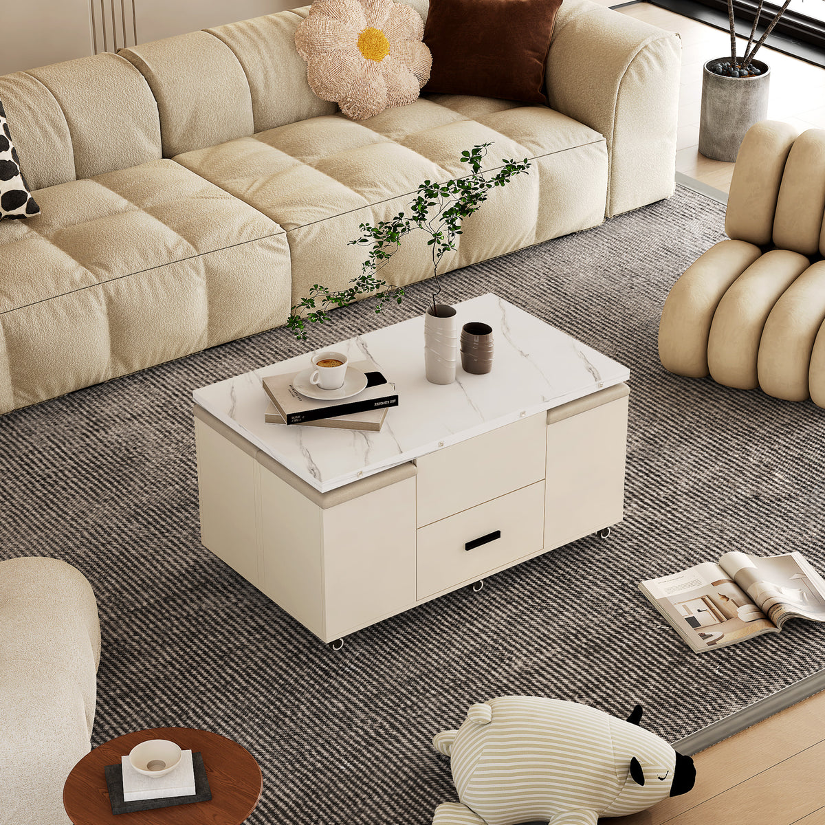White lift-top coffee table with two side drawers and closed storage cabinet