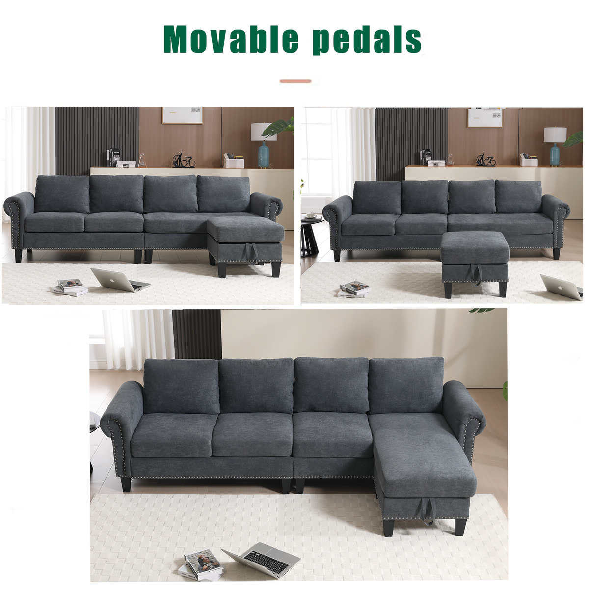 Gray sectional sofa with chaise extension and padded armrests, nailhead-trim details
