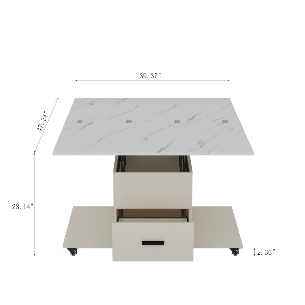 White lift-top coffee table with open top, hidden compartment, and front drawer