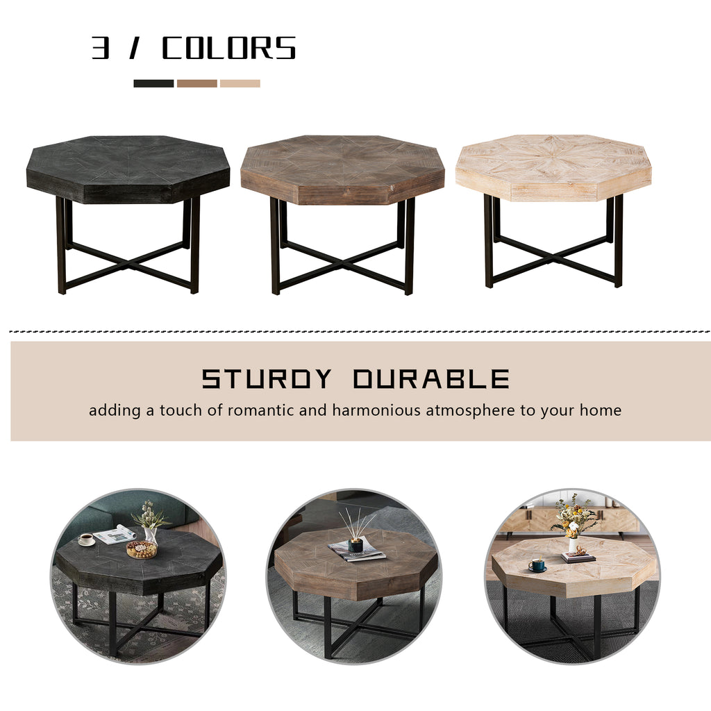 Octagonal coffee table color options: dark, light wood, and pale wood with X legs