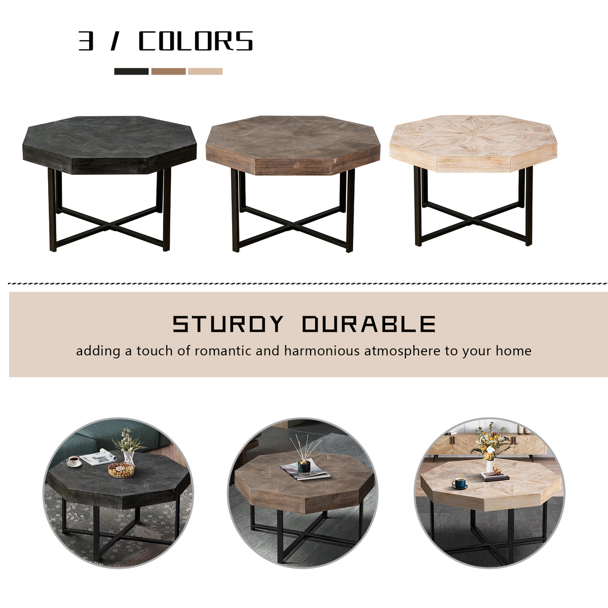 Octagonal coffee table color options: dark, light wood, and pale wood with X legs