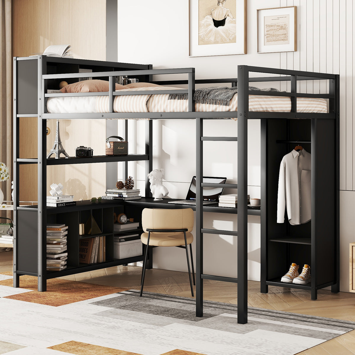 Black metal full-size loft bed with L-shaped desk, hanging closet, and storage shelves