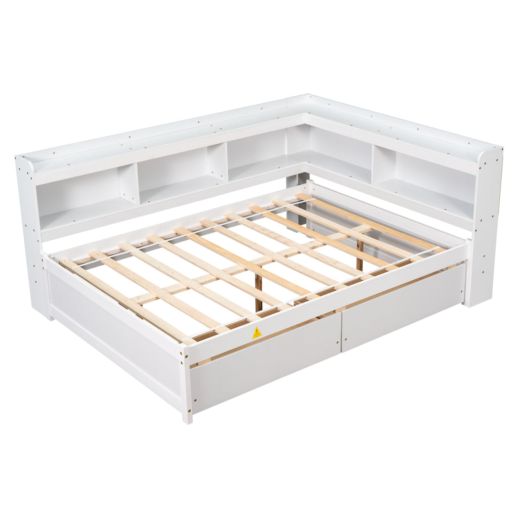 White bed frame with L-shaped bookcase panels and slatted mattress base