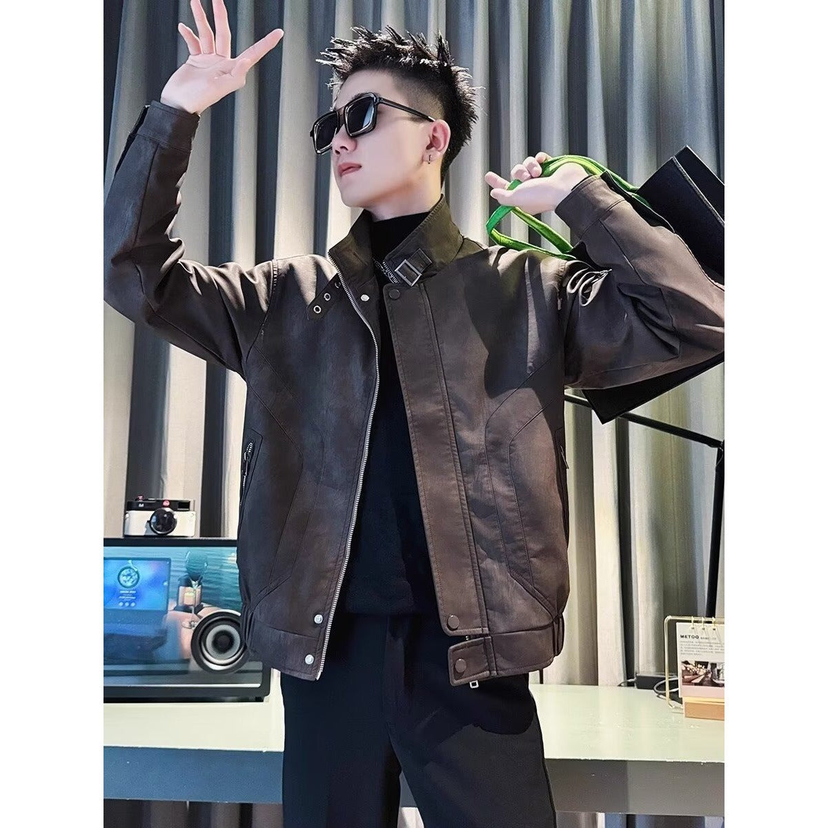 Men's black leather stand-collar jacket with snap placket and chest pockets