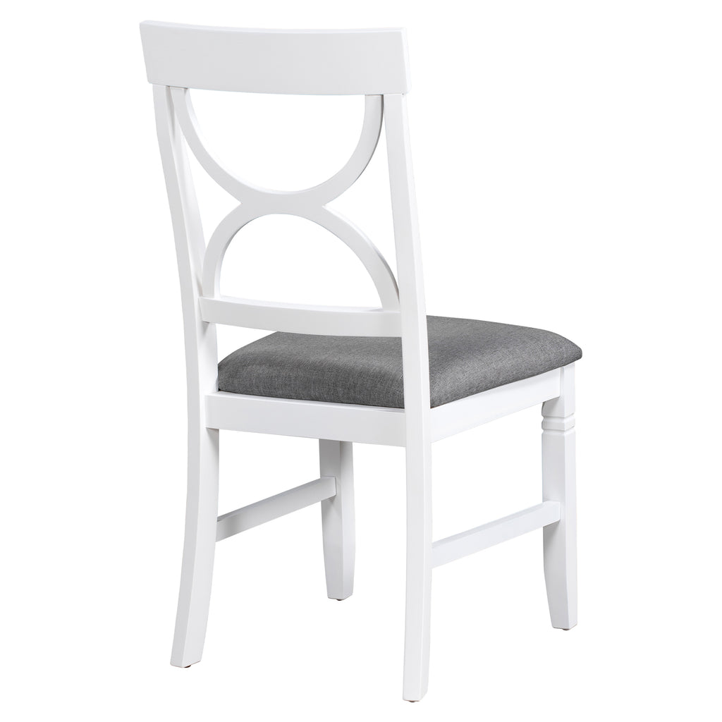 Wood dining chair with gray upholstered seat and white oval cutout back