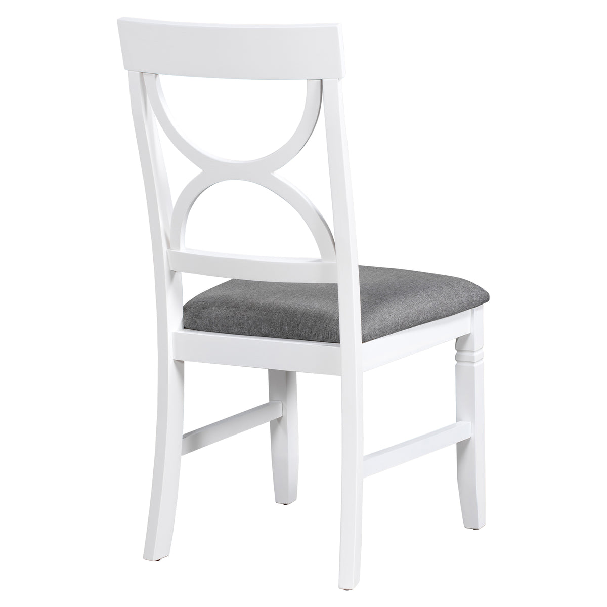 Wood dining chair with gray upholstered seat and white oval cutout back