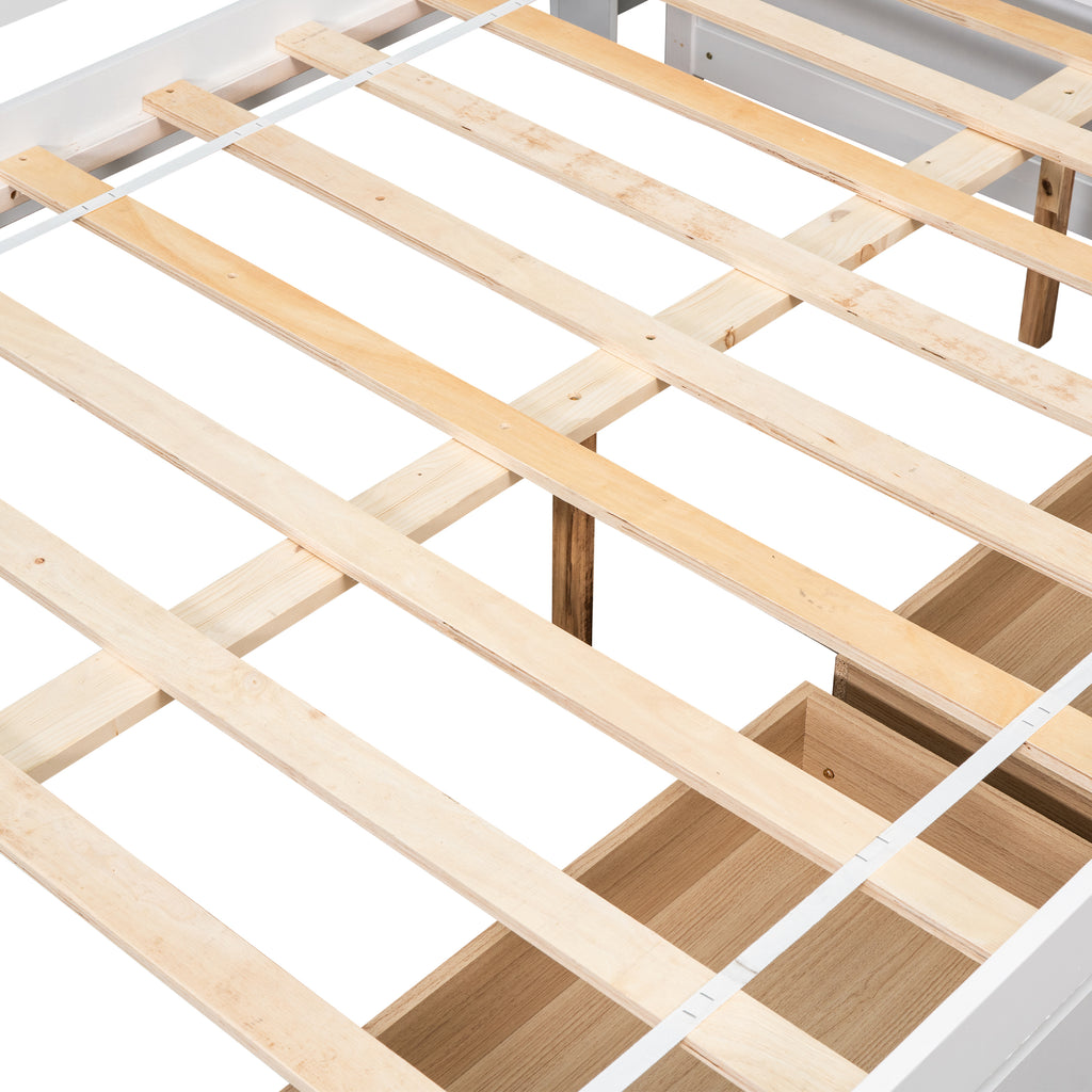 Full bed slat support with light wood slats and white side rails