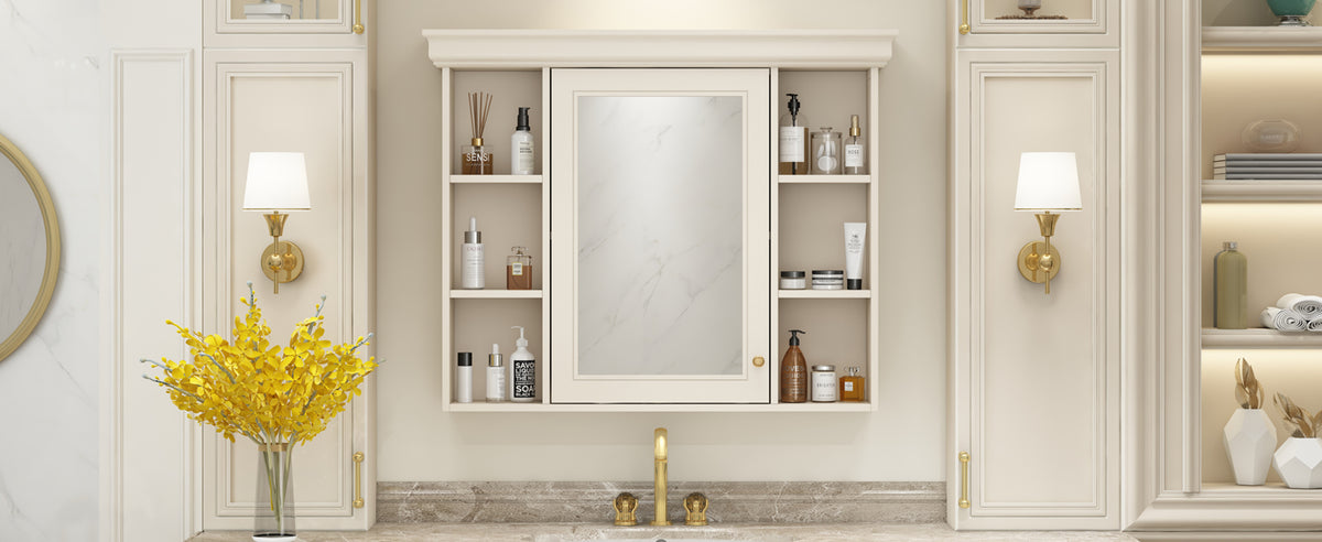 Wall-mounted bathroom cabinet with center mirror and side open shelves