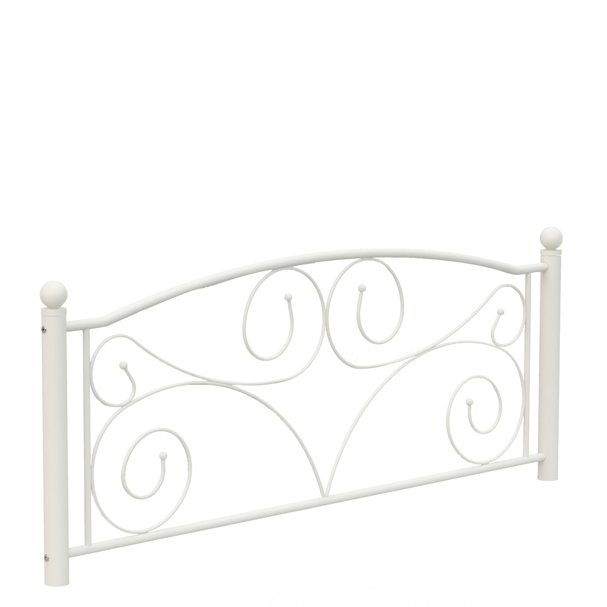 White metal headboard panel with arched top and looping scroll details