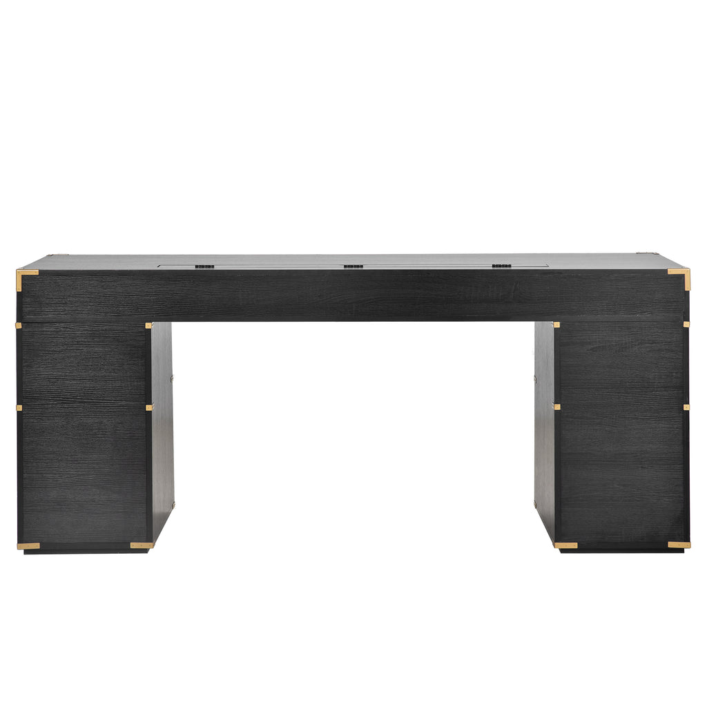 Black desk with metal trim and open leg space, pedestal sides with drawer fronts