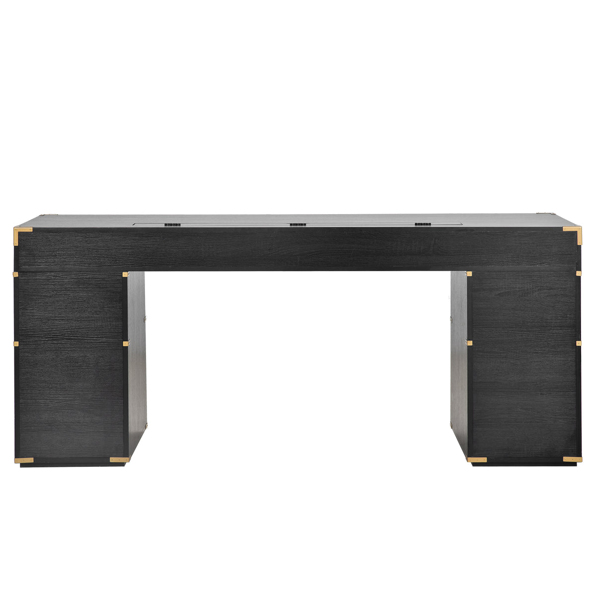 Black desk with metal trim and open leg space, pedestal sides with drawer fronts