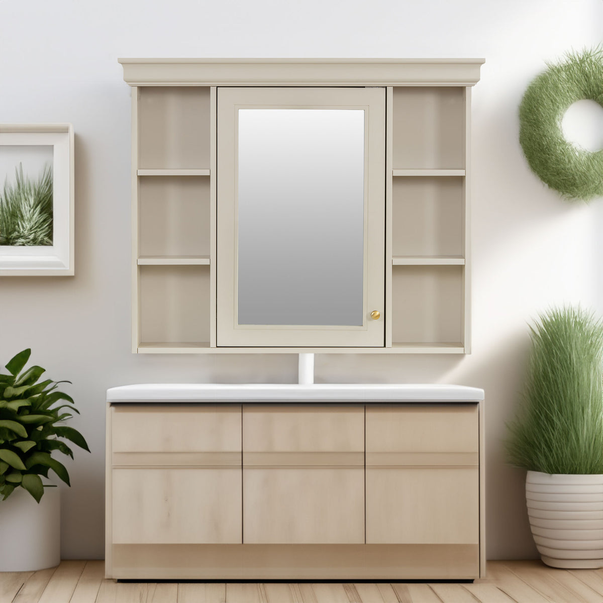 Wall mounted bathroom storage cabinet with mirror door and open side shelves, cream finish