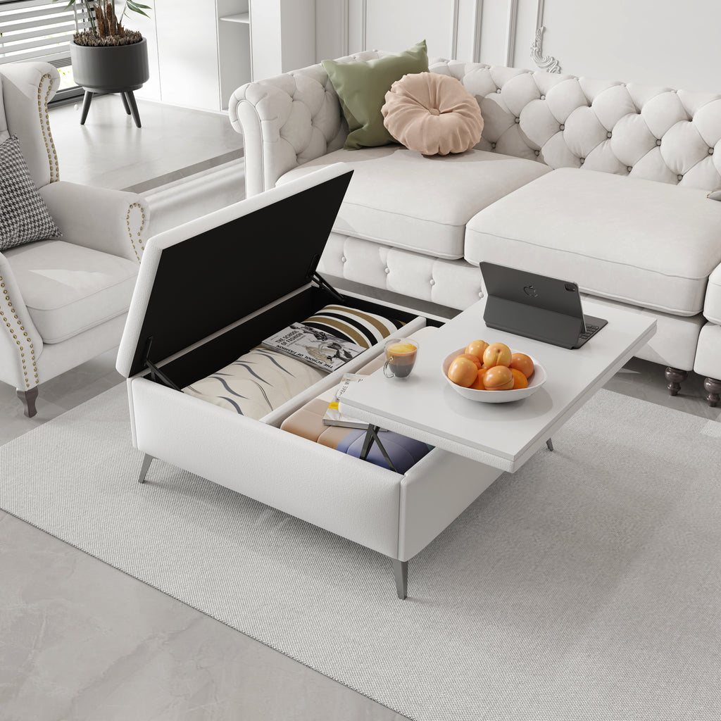 White storage ottoman with open lift lid showing interior storage space