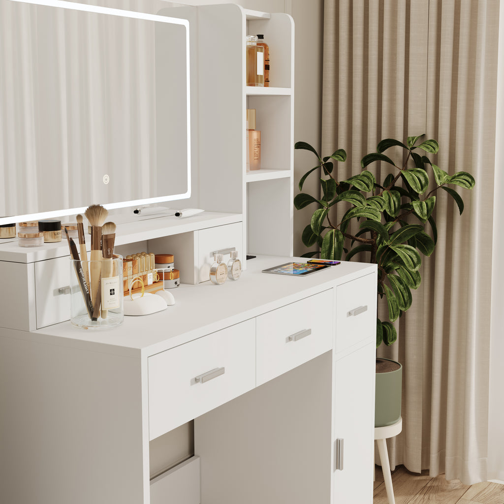 White dressing table vanity with hinged mirror and open side shelf cabinet