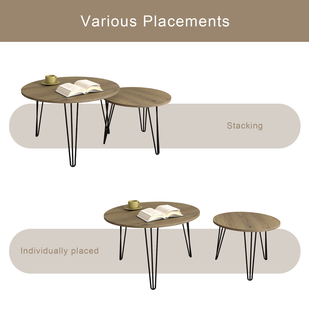Round nesting coffee table set showing stacking and individual placement with black legs