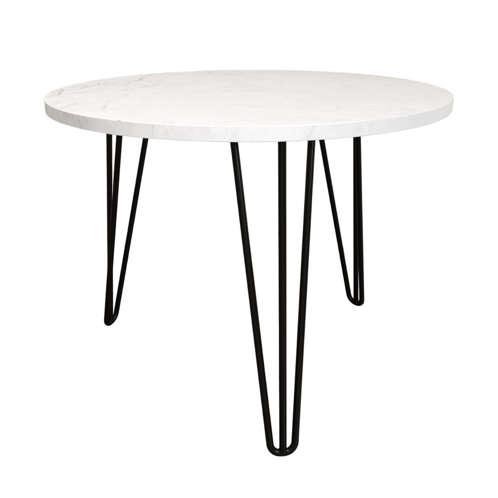 Round nesting coffee table set of 2 with white marble-look top and black metal legs