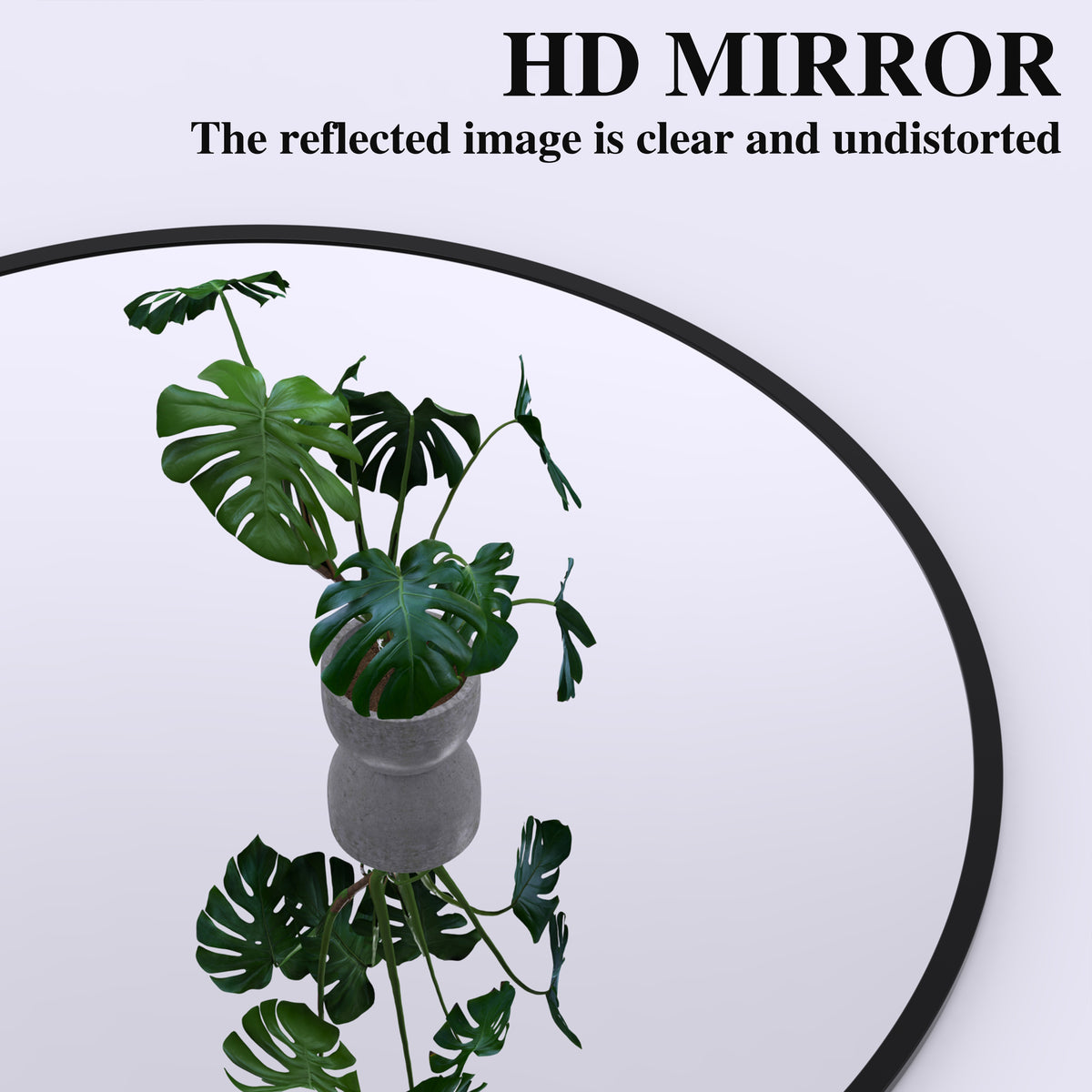 Arched floor mirror with dark frame reflecting a potted plant clearly