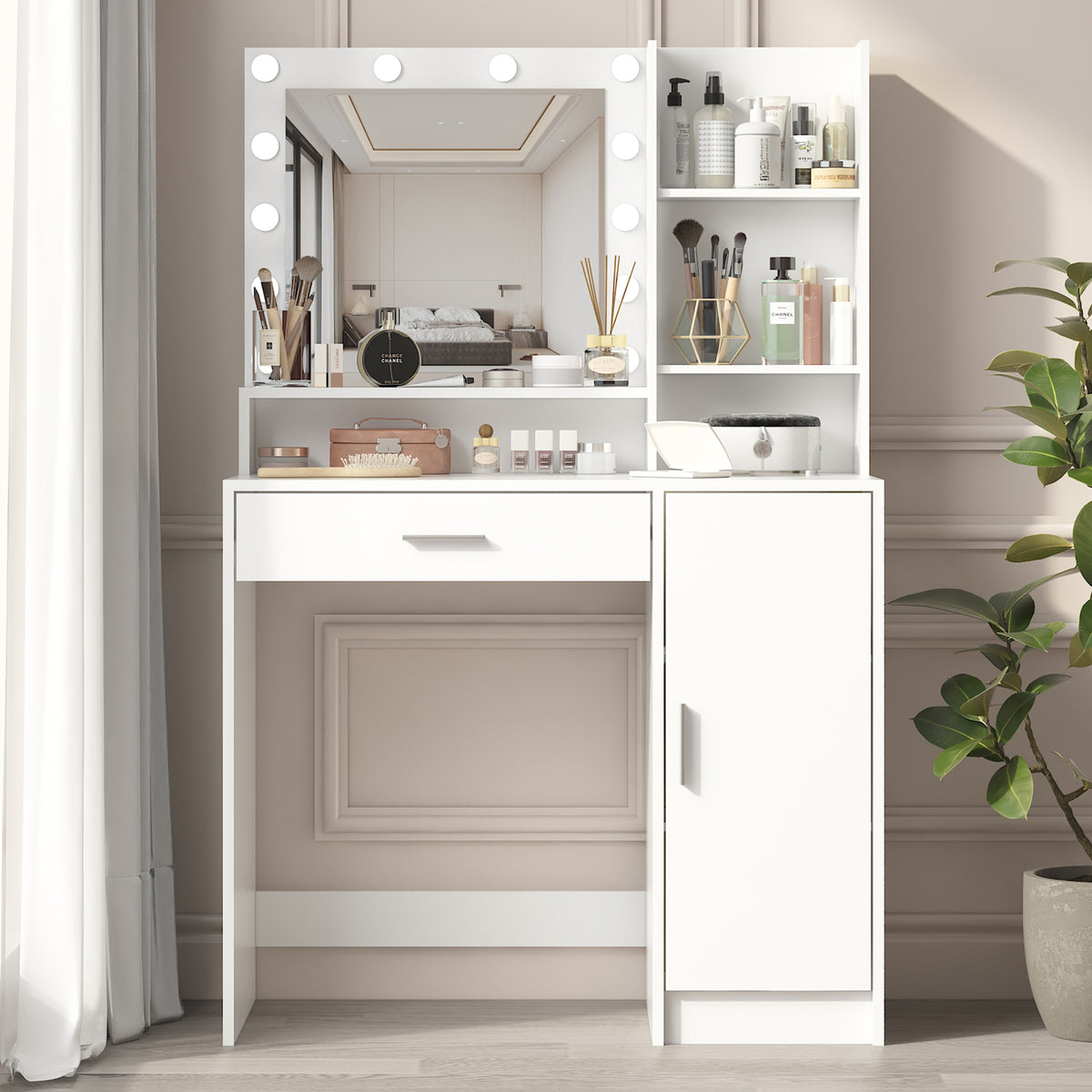 White makeup vanity desk with lighted mirror and cabinet doors below