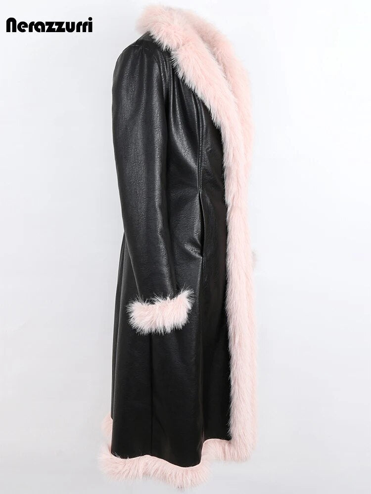 Side view of black PU leather coat with pink faux fur collar and cuff accents