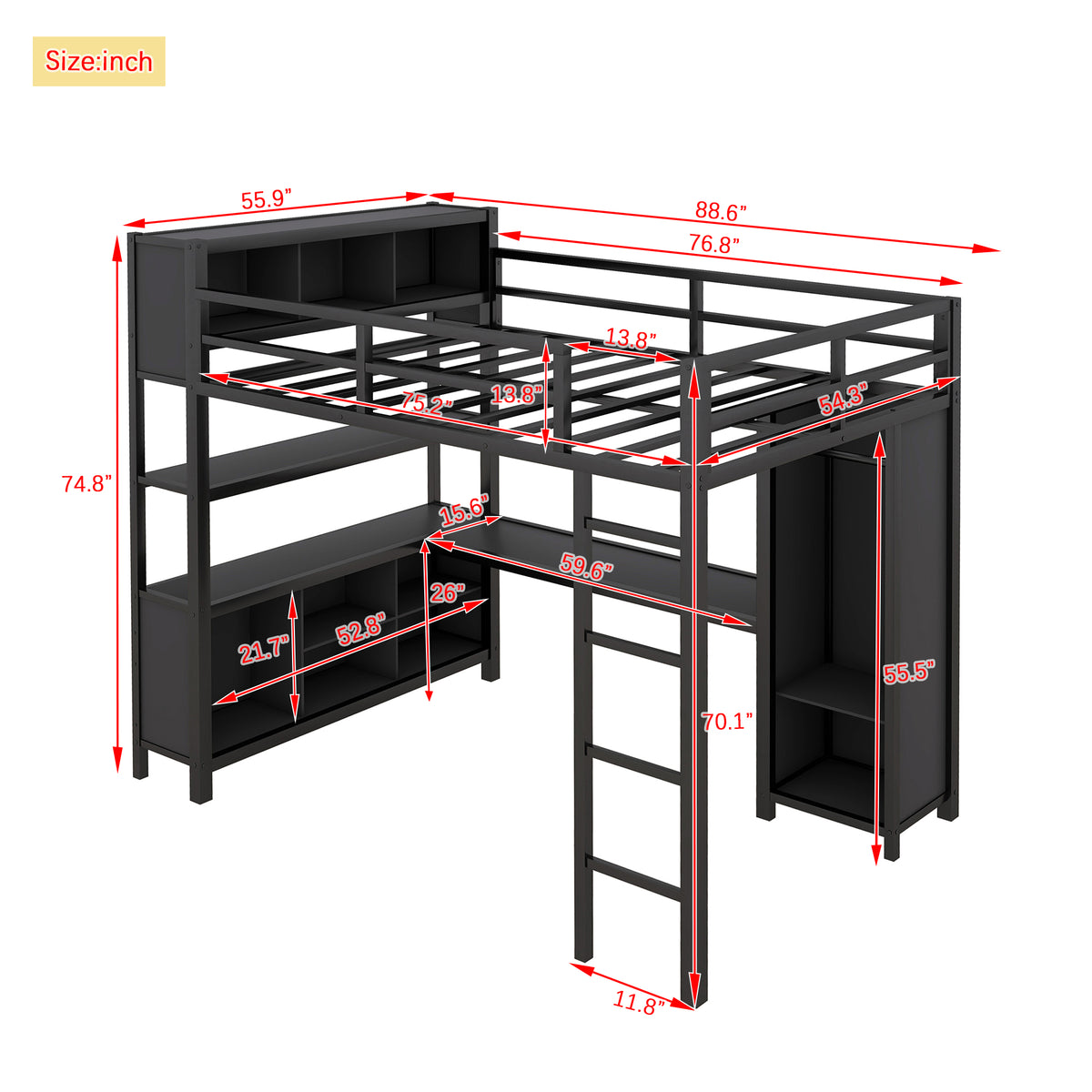 Black metal full-size loft bed dimensions diagram with desk, ladder, and storage units