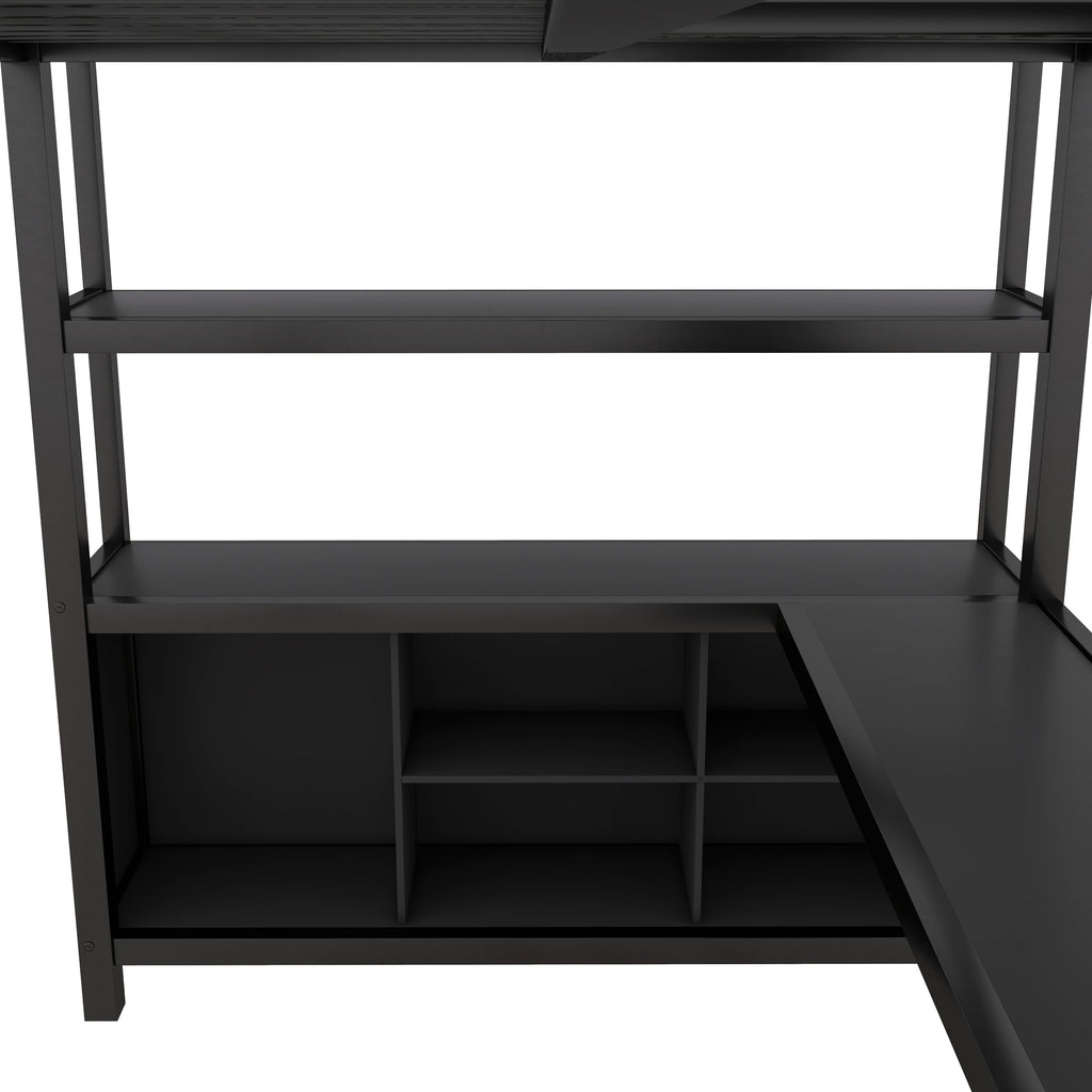 Black metal loft bed frame with underside open storage compartments