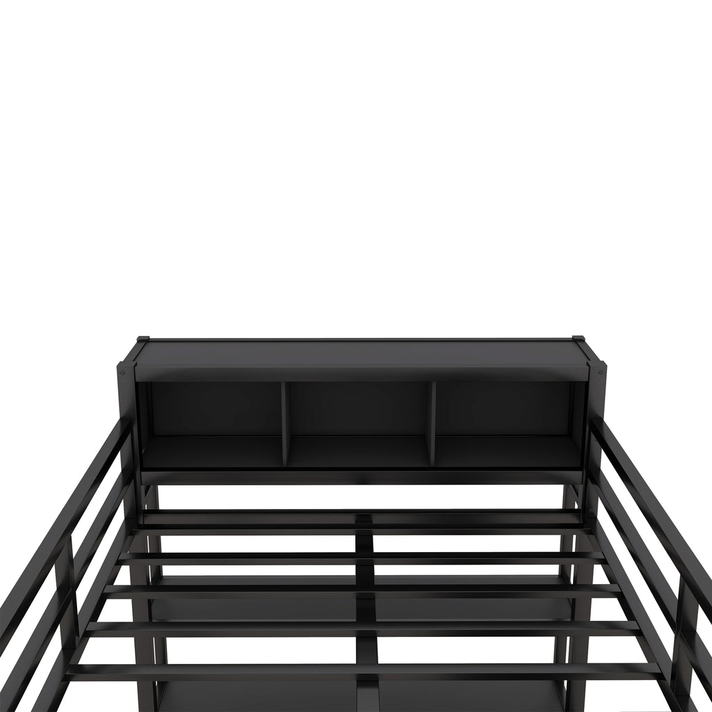 Black metal loft bed top frame with underside open storage panel