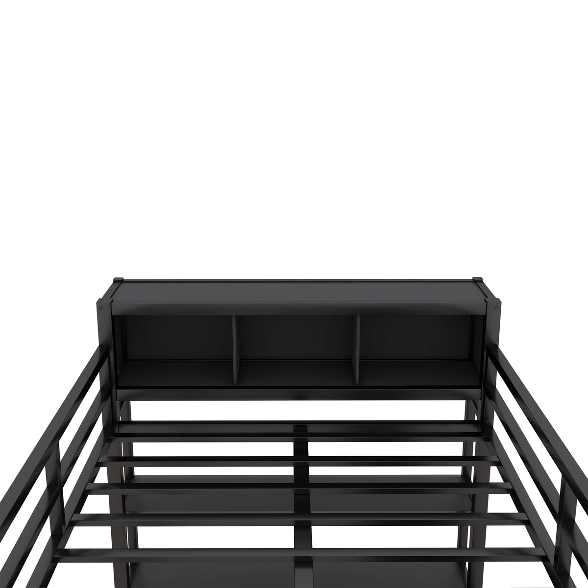 Black metal loft bed top frame with underside open storage panel