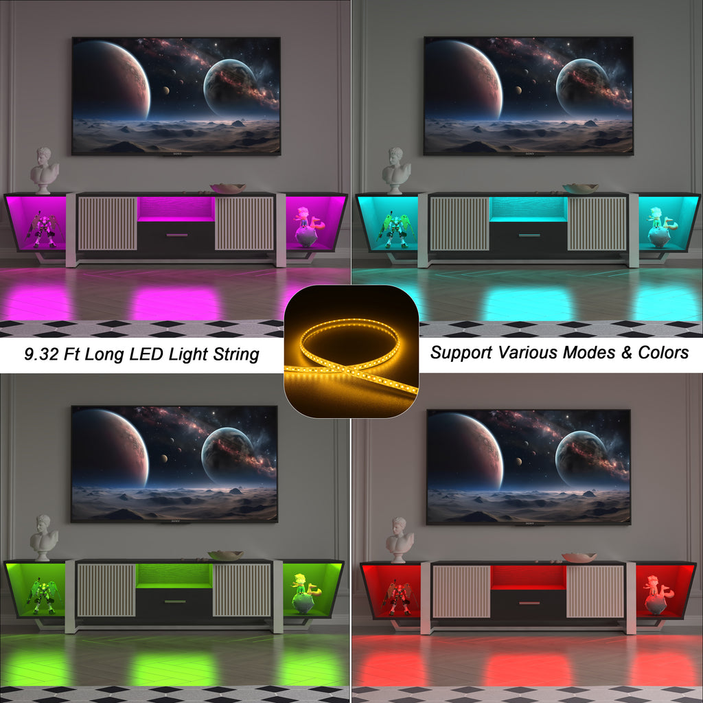 Black TV console in multiple color light modes with illuminated side panels