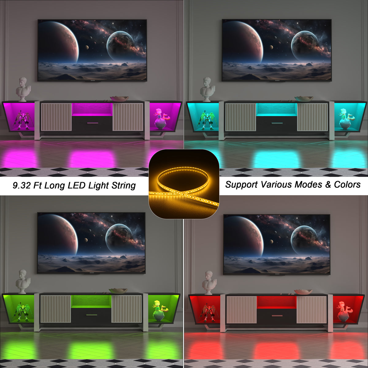 Black TV console in multiple color light modes with illuminated side panels