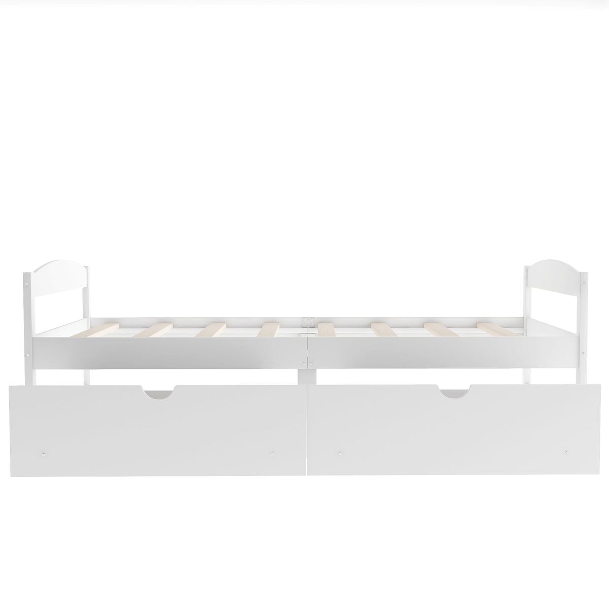 White twin platform bed with two under-drawers and slatted base, front view