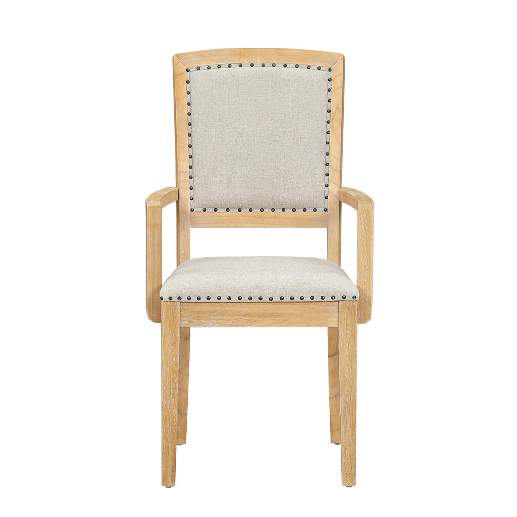 Natural wood dining chair with beige upholstered seat and square tufted back