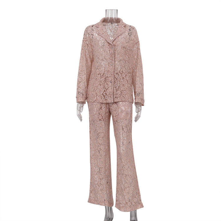 Light pink lace sheer two-piece set with long-sleeve shirt and flared pants on mannequin.