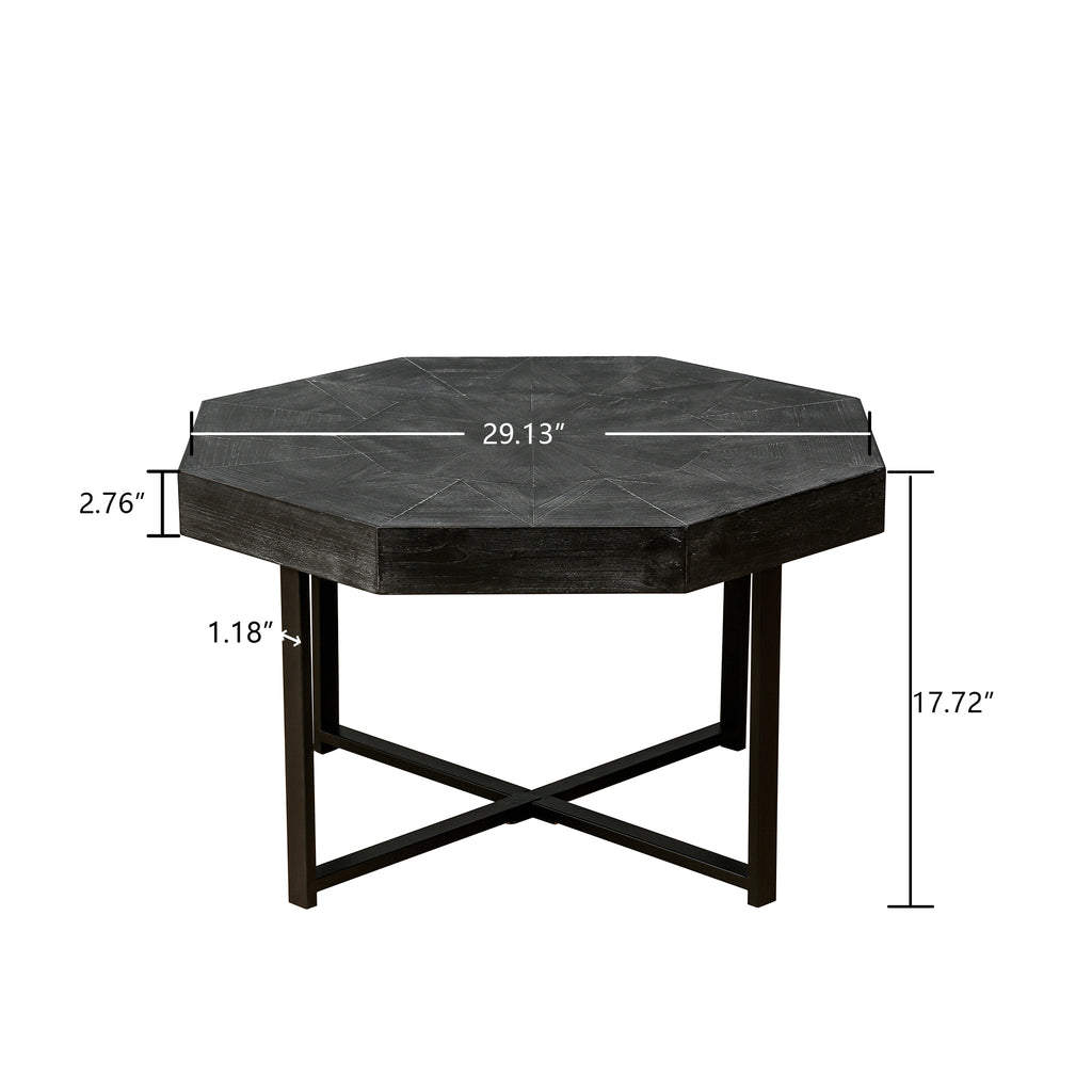 Antique black octagonal coffee table with metal X legs and labeled dimensions