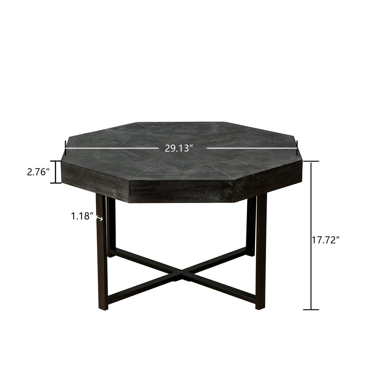 Antique black octagonal coffee table with metal X legs and labeled dimensions
