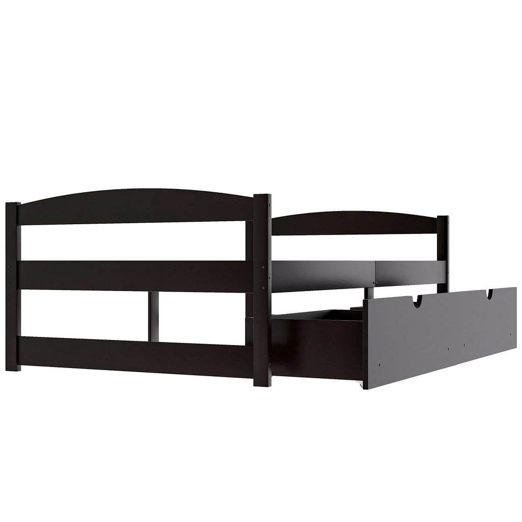 Espresso twin platform bed frame with two under-bed drawers and headboard, angled view