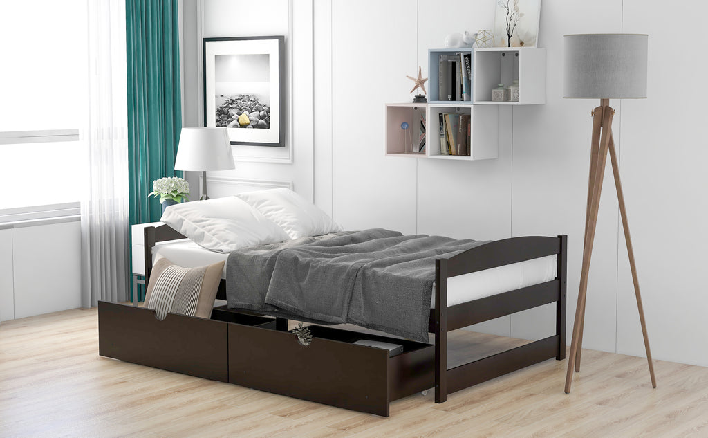 Espresso twin platform bed with two storage drawers, styled with bedding and pillows