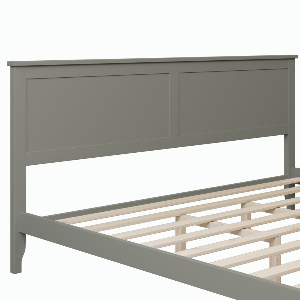 Gray king bed headboard panel and slatted platform with side rail